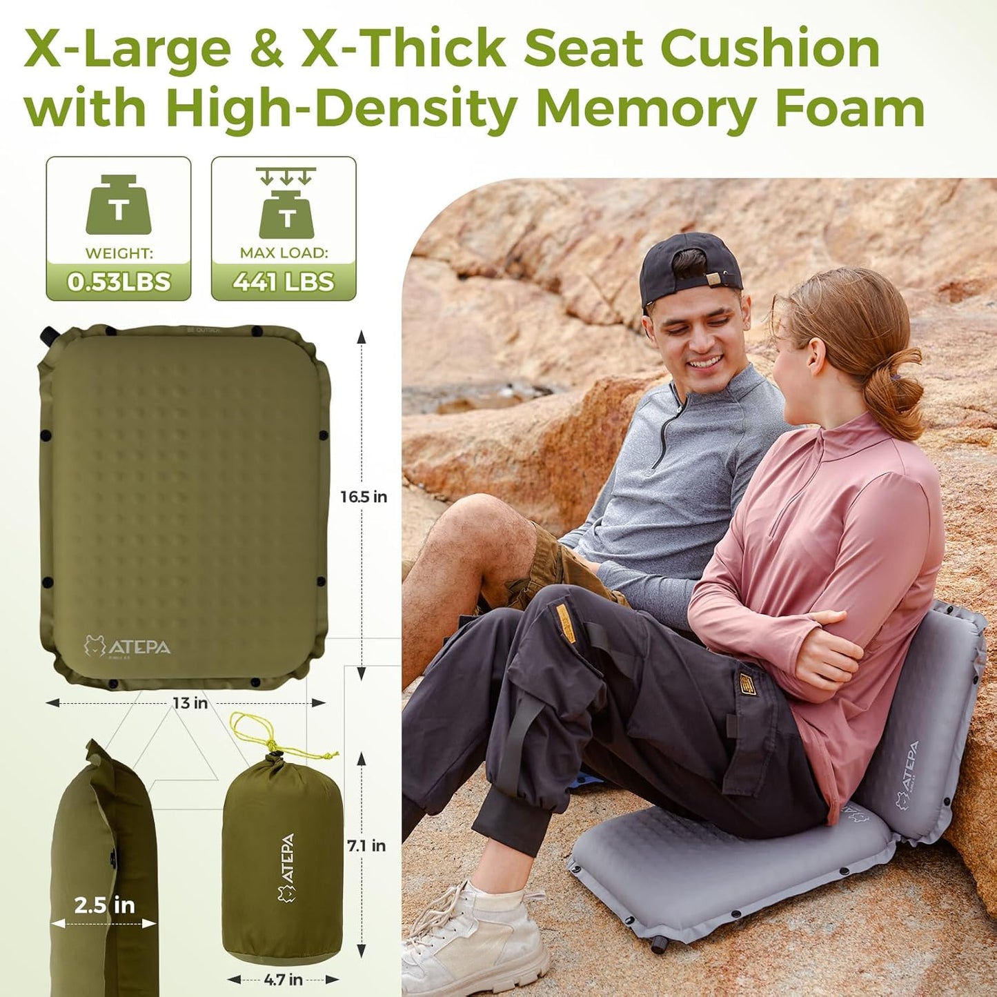 ATEPA Inflatable Stadium Seat Cushion, Self-Inflating Memory Foam Stadium Seats Bleacher Seat Chair Cushion Pad for Airplane Travel Backpacking Sports Events