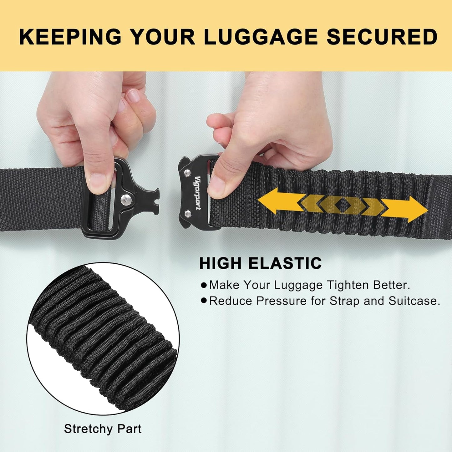 Vigorport Luggage Straps for Suitcases TSA Approved Suitcase Belt, Stretchable Travel Strap for Luggage, Heavy Duty Metal Buckle Luggage Belt Strap (Black, 72" Long/1PK)