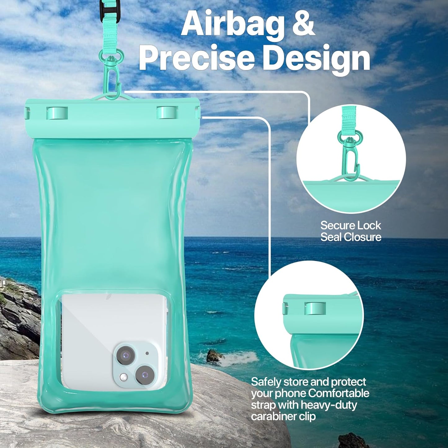 NEPHI IP68 Waterproof Phone Pouch 2 Pack-Up to 8.0"，Adjustable Neck Lanyard Floating Waterproof Phone Case for iPhone,Phone Dry Bags for Vacation Beach Pool Travel Essentials (Aqua Green 4 Pack)
