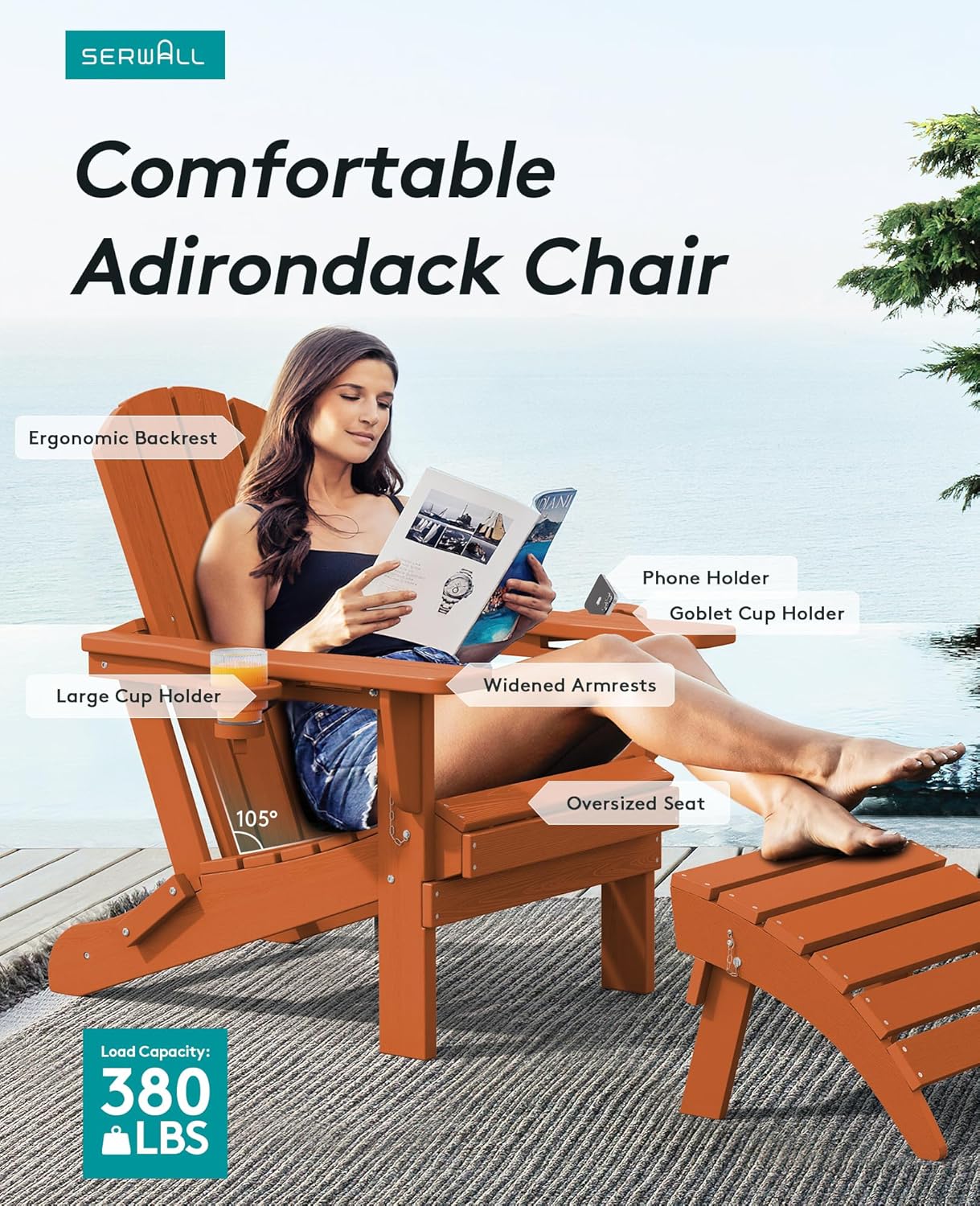 SERWALL Adirondack Chair with Cup Holders - Composite Adirondack Chairs Set of 6 HDPE Outdoor Chairs All Weather Use- Orange