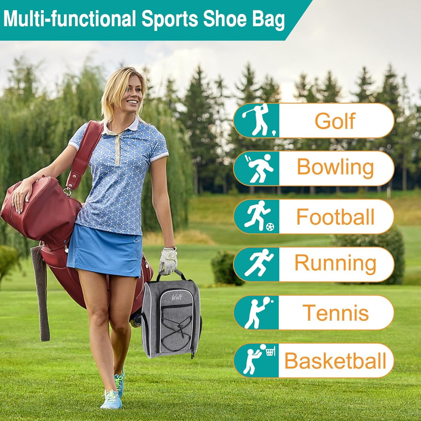 Wolt 2 Pcs Golf Shoe Bag for Travel- Zippered Shoes Carrier Bags with Ventilation & Double Outside Accessory Pocket for Socks, Tees, Golf Balls, etc. for women and men (Black+Grey)
