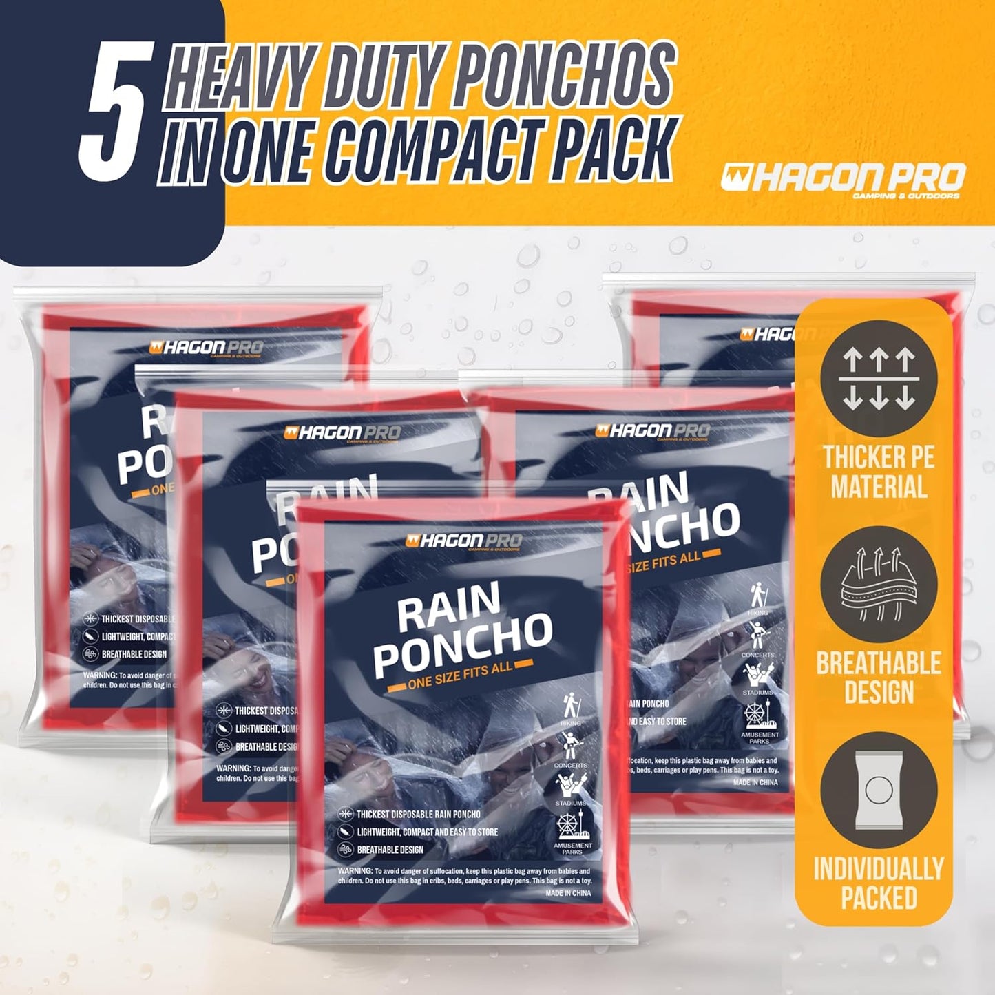 Hagon PRO Disposable Rain Ponchos for Adults (5 Pack)