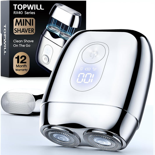 All-Metal Mini Electric Shaver for Men – Portable Travel Razor with Mirror Cap, Smooth & Close Shave, LED Display, USB-C Fast Charge, Wet/Dry Waterproof – RX40 Silver