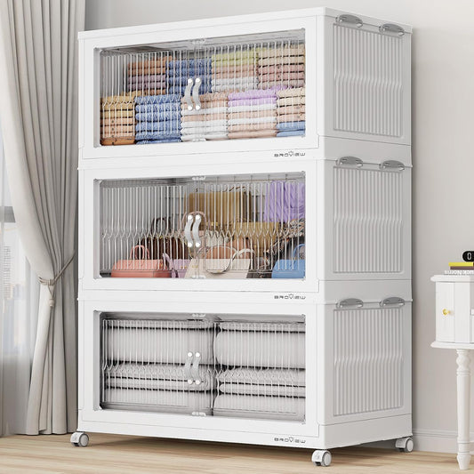 BROVIEW 600Qt Extra Large Stackable Storage Bins with Lid, Closet Organizer Collapsible Drawer Boxes with Wheels, Folding Plastic Cabinet Containers for Home Kitchen Room Organization, 3Pack White