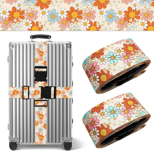 Daisy Luggage Straps for Suitcases TSA Approved, Luggage Identifiers for Suitcase, Adjustable Suitcase Strap for Baggage Security with Cute Patten, Travel Necessary Accessories (2 Pack)