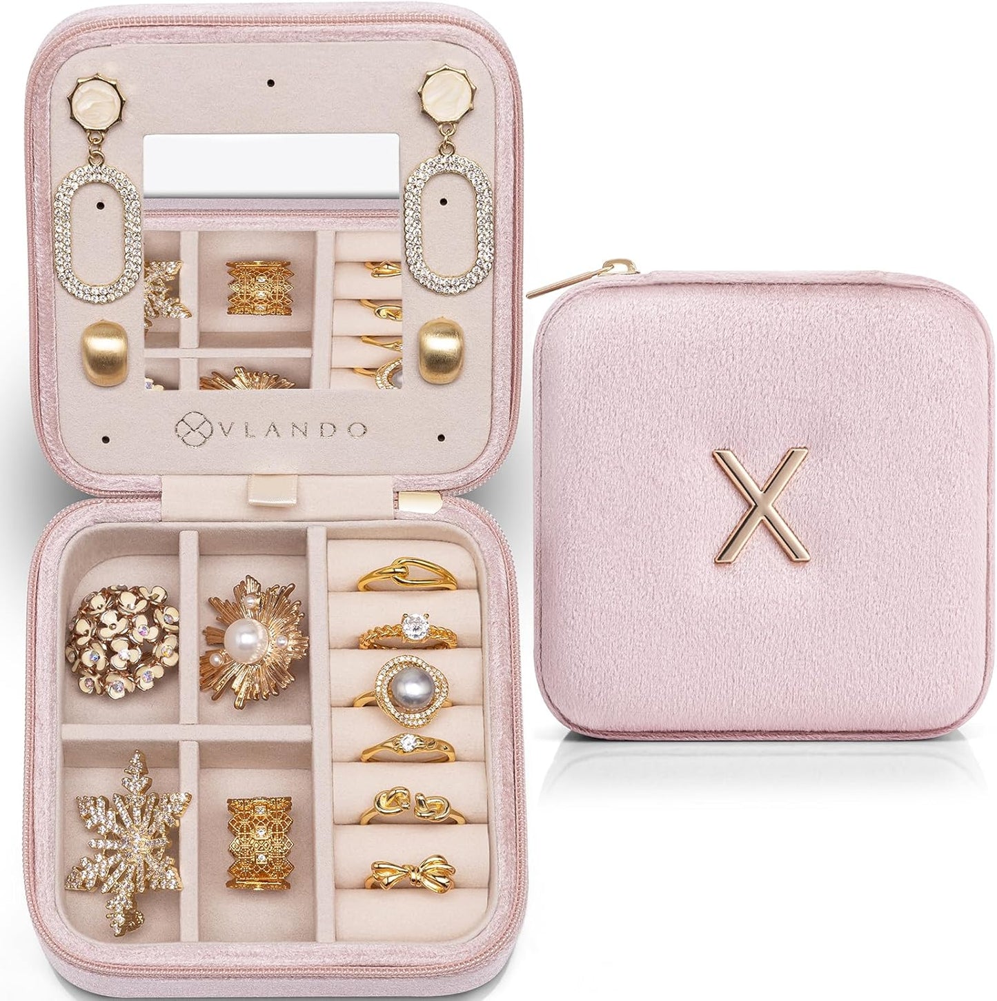 Vlando Travel Jewelry Case for Women Girls, X Initial Jewelry Box, Travel Jewelry Case for Women, Jewelry Box, Gifts for Girls - Letter X, Pink