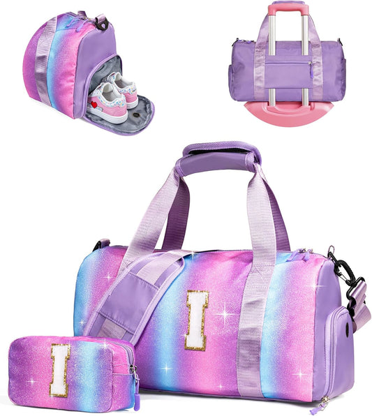Sister Graduation Gift-Girl Gym Bag with Shoe Compartment, Kid Personalized Weekender Overnight Bags, Initial Travel Tote with Makeup Pouch Valentine's Day Gifts for Kids (Letter I)