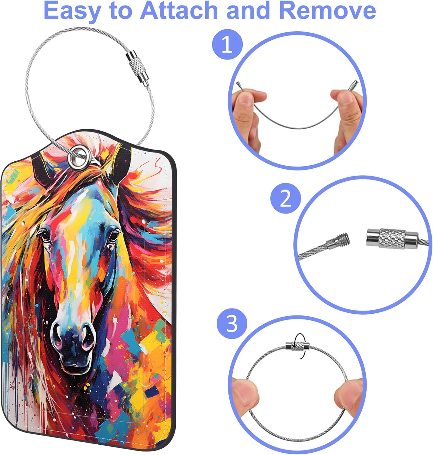 Set of 2 Luggage Tags for Suitcase Abstract Horse Leather Baggage Tags Set with Stainless Steel Loop Name Address Labels Privacy Cover for Men Women Travel Bag Suitcase, 4.6 x 2.7 inch