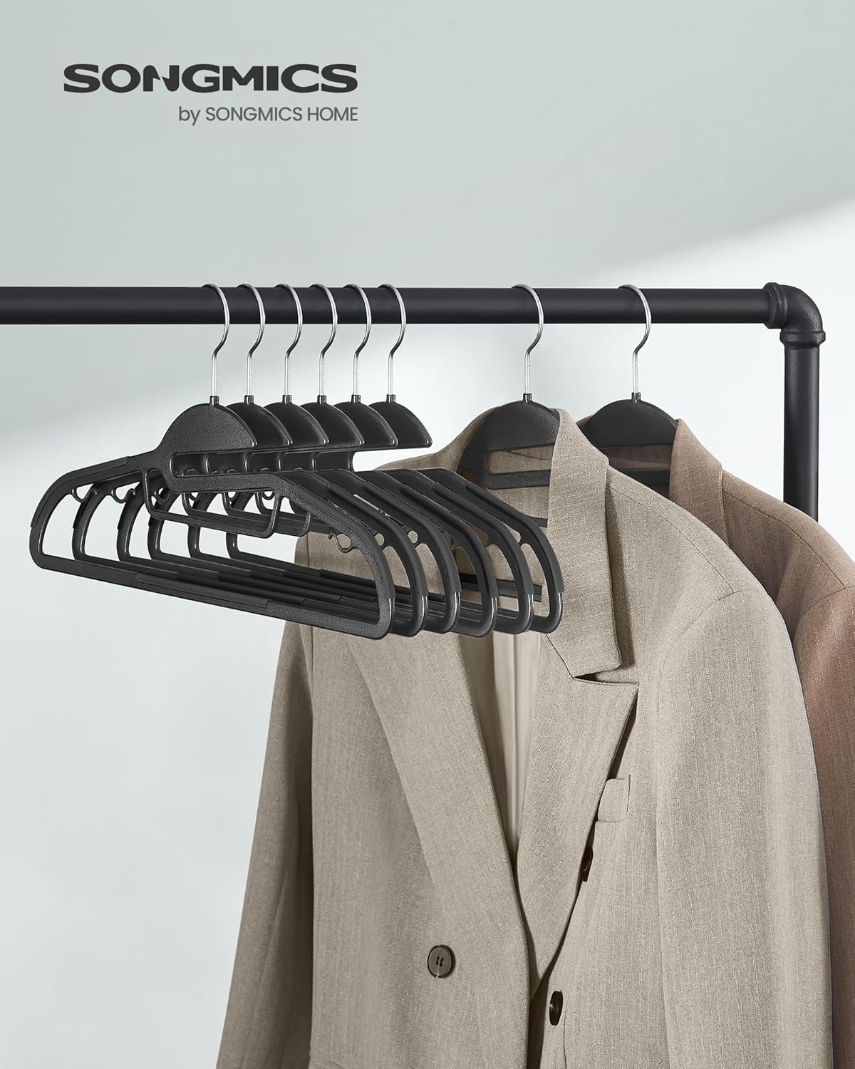 SONGMICS 50 Pack Coat Hangers, Heavy-Duty Plastic Suit Hangers, S-Shaped Opening, Space-Saving, 360º Swivel Hook, 16.3 Inches Wide, Ink Black UCRP41BK-50