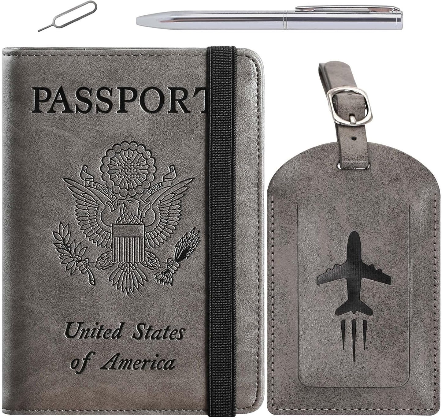 Passport Holder With Luggage Tag Travel Essentials Passport Cover Wallet RFID Blocking Leather Case International Must Haves Travel Accessories Women Men(115#Grey)