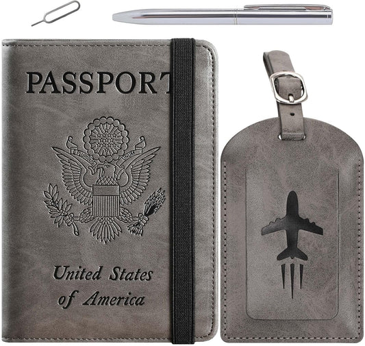 Passport Holder With Luggage Tag Travel Essentials Passport Cover Wallet RFID Blocking Leather Case International Must Haves Travel Accessories Women Men(115#Grey)