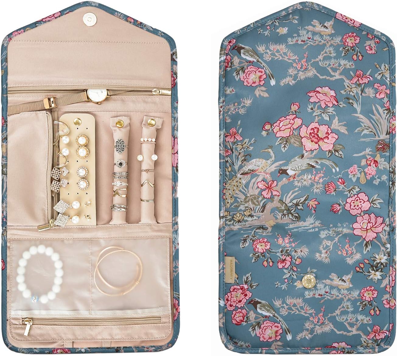 BAGSMART Travel Jewellery Organiser Roll Foldable Jewelry Case for Journey-Rings, Necklaces, Bracelets, Earrings, Flower Bird