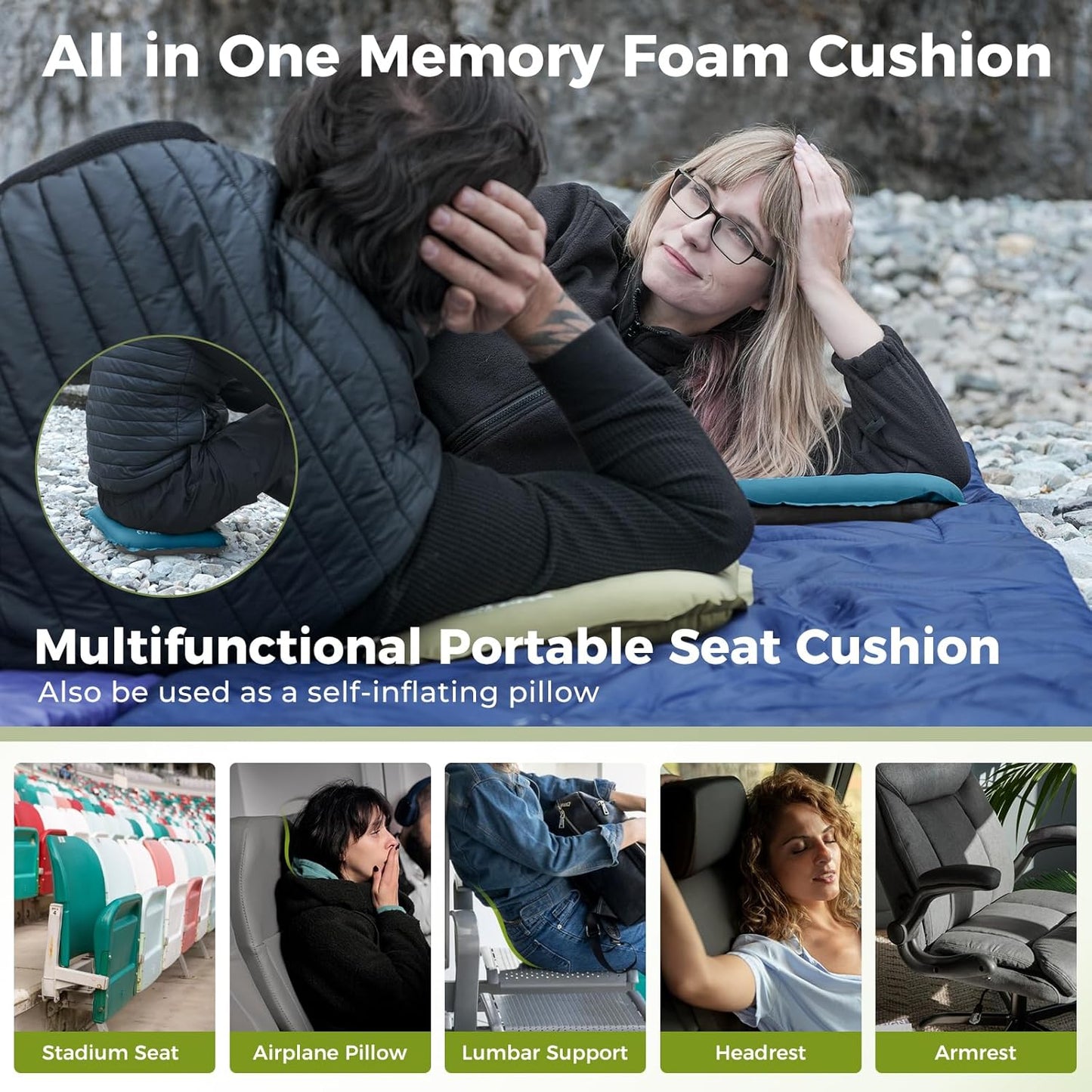 ATEPA Inflatable Stadium Seat Cushion, Self-Inflating Memory Foam Stadium Seats Bleacher Seat Chair Cushion Pad for Airplane Travel Backpacking Sports Events