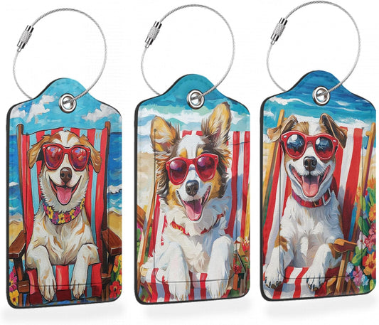 Funny Dog Summer 3 Pack PU Leahter Luggage Tag with Stainless Steel Loop, Cool Dog at The Beach Travel Suitcase Labels with Privacy Cover ID Label Quickly Spot for Bags