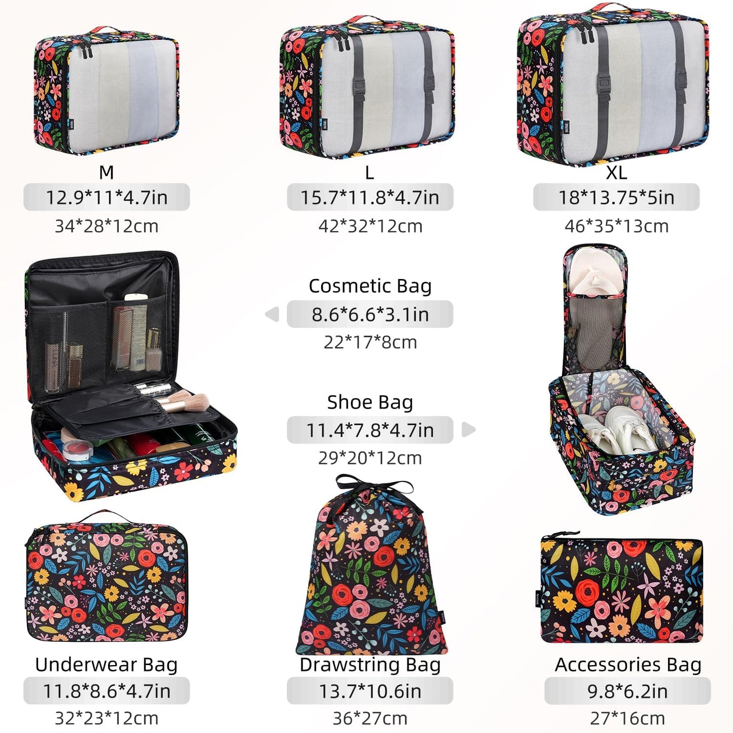 BAGAIL 8 Set Packing Cubes Luggage Packing Organizer Bags for Travel Accessories-Black Floral