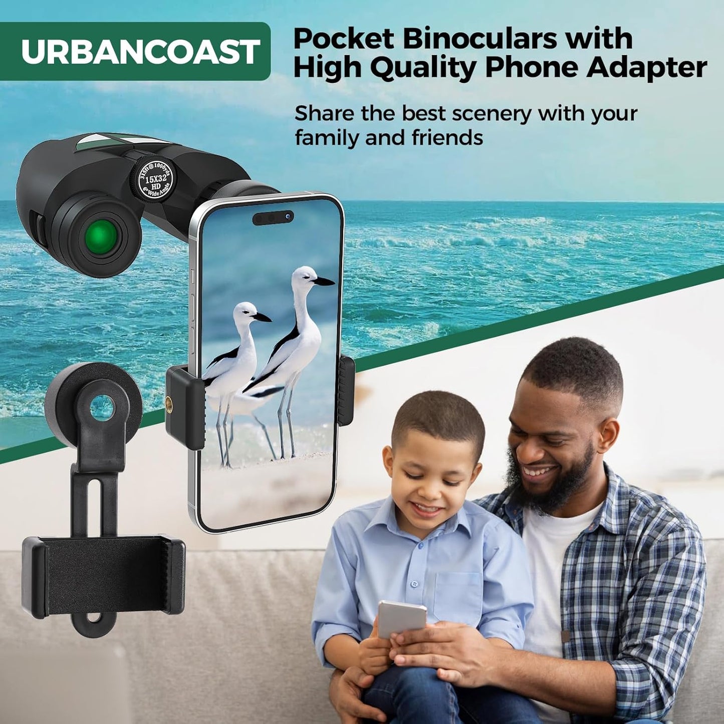 15x32 Compact Binoculars for Adults and Kids, High Power Lightweight Small Binoculars with Phone Adapter for Concert Cruise Ship Hiking Bird Watching Travel Safari Viewing Football Sports