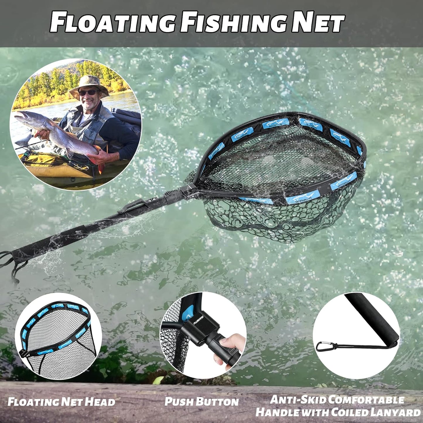 PLUSINNO Floating Fishing Net for Steelhead, Salmon, Fly, Kayak, Bass, Trout Fishing, Catfish, Rubber Coated Landing Net for Easy Catch & Release for Easy Transportation & Storage
