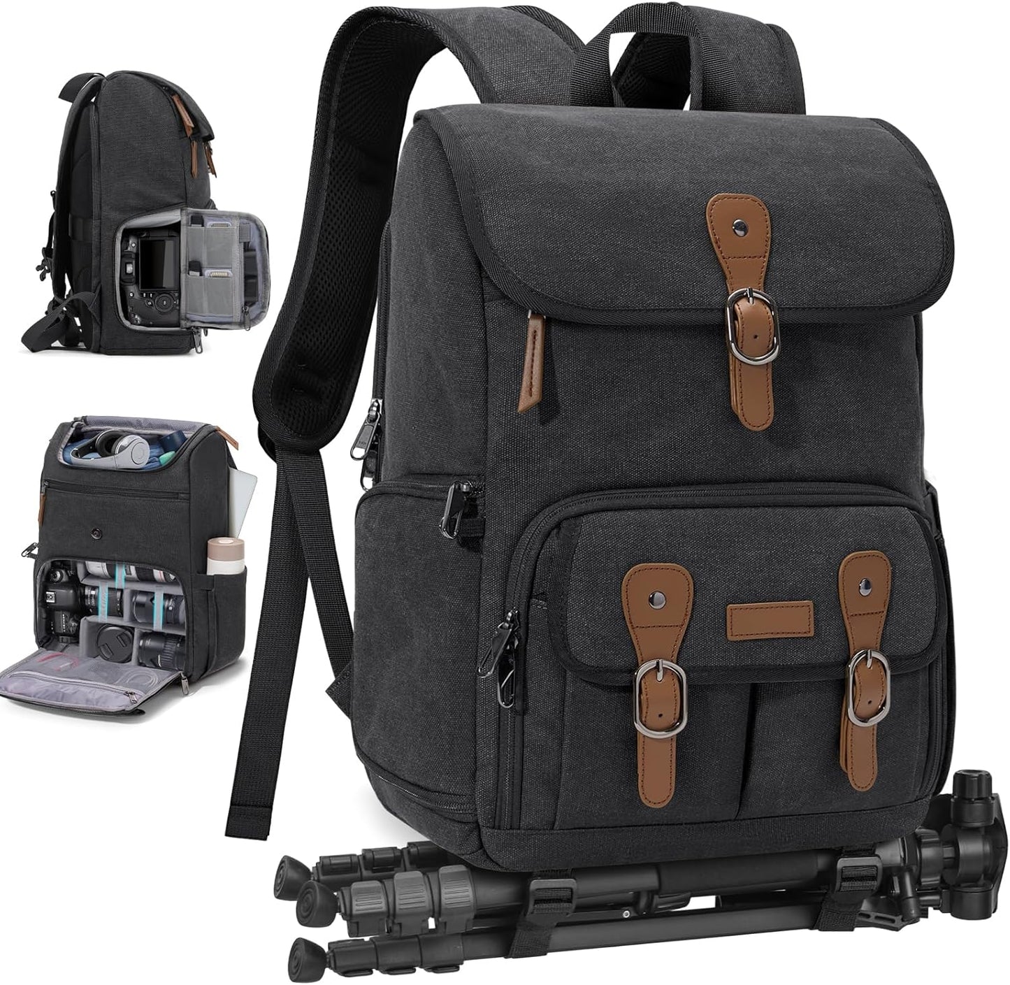 RAINSMORE Camera Bag Backpack for DSLR/SLR Mirrorless 15.6 Inch Laptop Camera Back Pack for Photographers Anti-Theft Photography Bags Case with Tripod Holder & Rain Cover, Black