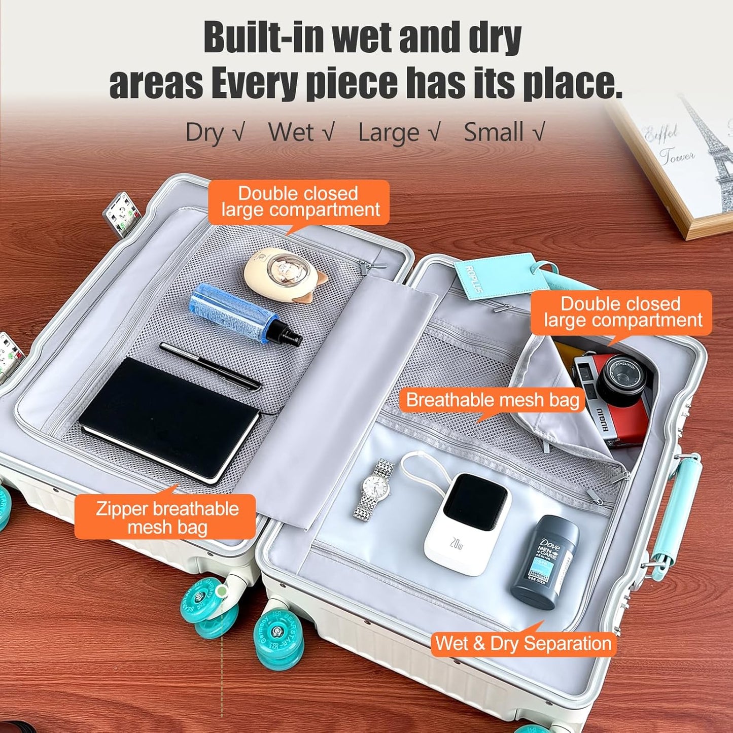 Aluminium Frame Carry on Luggage with Smooth Jelly Wheels, Hardside Zipperless Rolling Suitcase with TSA Lock (WhiteGreen, 21-Inch)