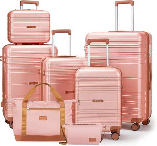 Luggage Sets with spinner wheels, PC+ABS Hard Shell Travel Luggage,Lightweight Carry-on suitcases with TSA Lock,YKK Zippers (Pink, 7 piece sets（14/18/20/24/28/DB/TB）)