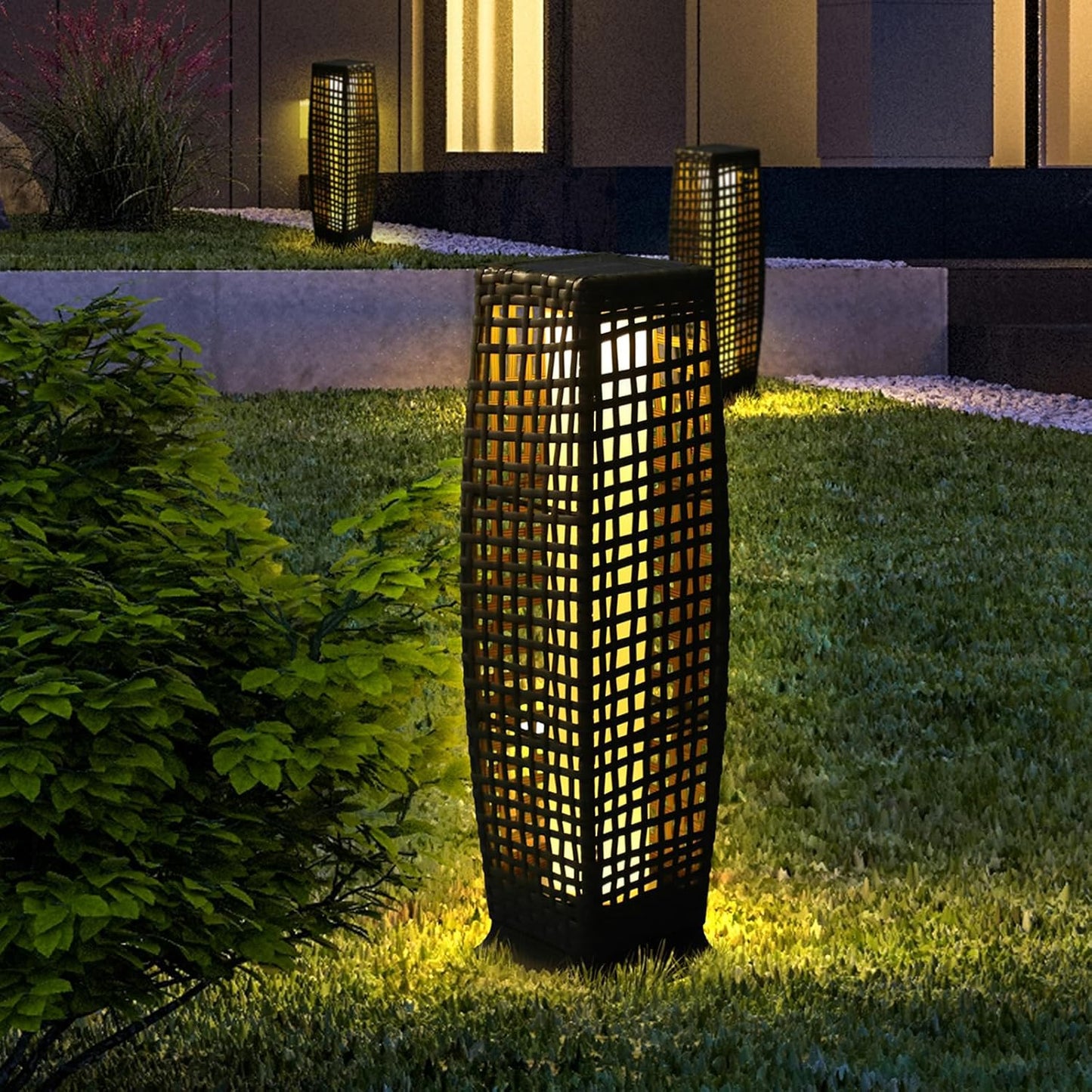 Solar Floor Lamp, Outdoor Floor Lamp, Solar Lanterns Outdoor Waterproof, Solar Powered Resin Wicker Outdoor Solar Lamp, Weather-Resistant Rattan Deck Light for Porch, Garden, Patio, Deck