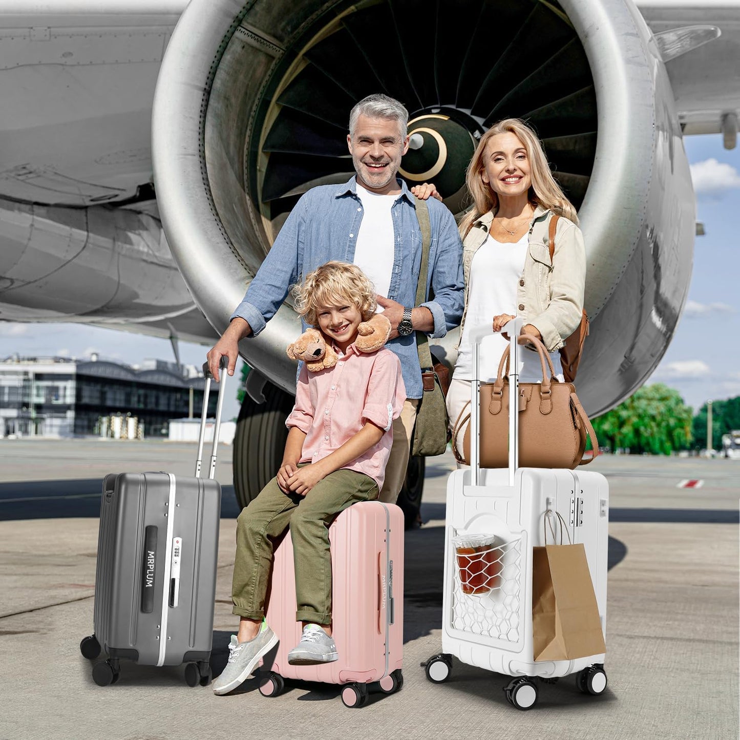 MRPLUM Carry On Luggage Double Handle Suitcase with Net Pocket,Hard Shell Spinner Wheels Luggage with TSA Lock&Seat Belt,20 inch,White