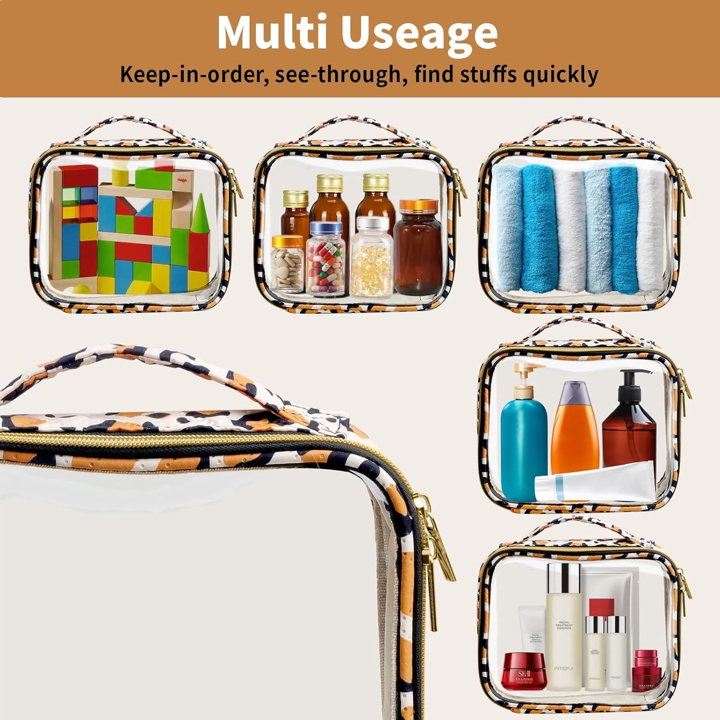 TSA Approved Travel Toiletry Bag,3 Pack Clear Makeup Bags with Handles,Quart Size Clear Cosmetic Bags for Traveling Women,Men,Carry on Airport Airline Compliant Bag,Leopard