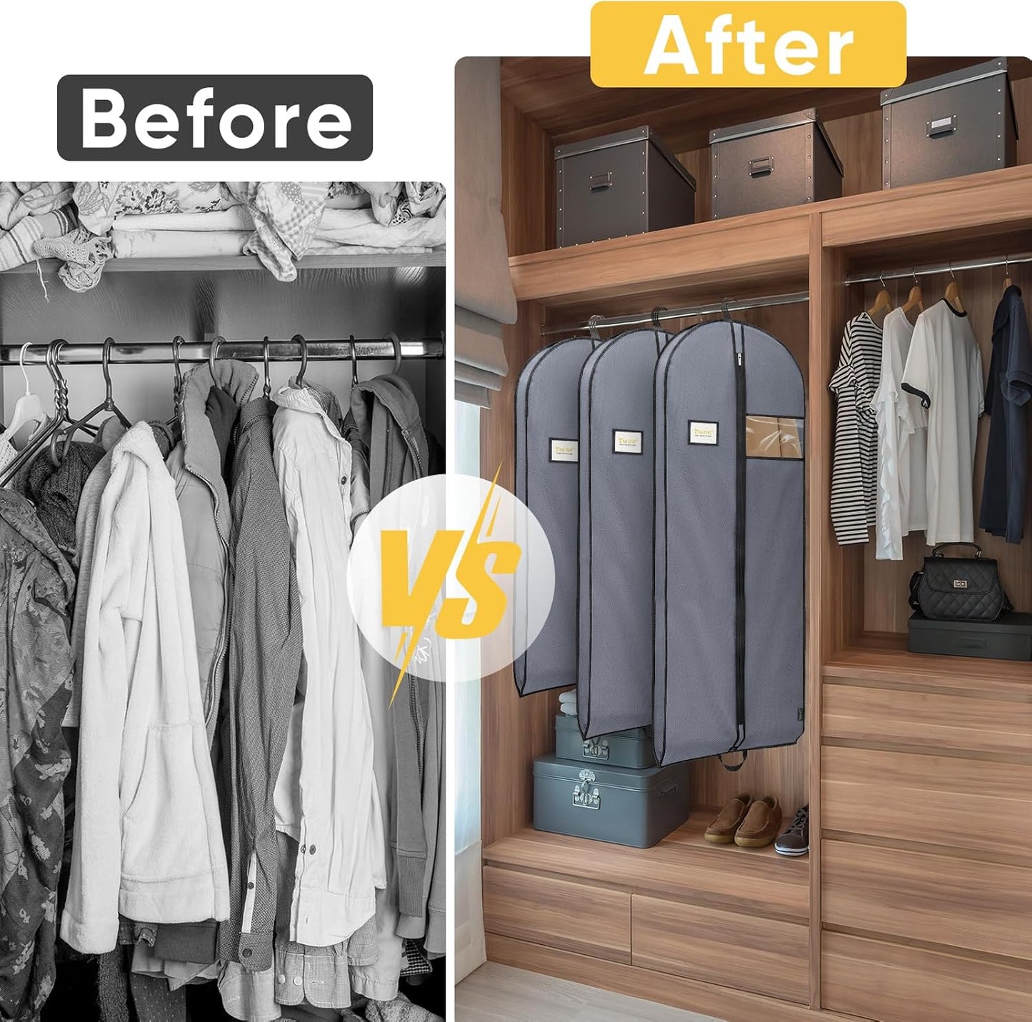 BALEINE 1PK Heavy Duty Garment Bag with Shoe Storage Travel Bag for Dresses, Suit, Coats Travel Essential (60", Grey)