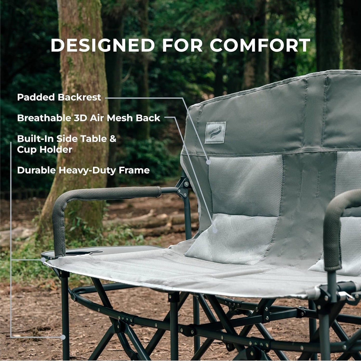 Oversized Double Portable Folding Director’s Loveseat Chair with Padded Backrest, Side Table | Outdoor Sports, Beach, Lawn, Hunting, Tailgating, Fishing| Supports 300 Lbs/Seat