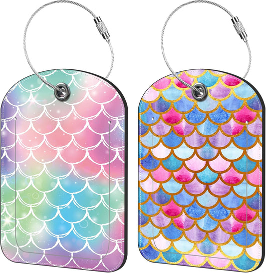 Tie-dye Fish Scale Luggage Tag for Suitcase Set of 2 PU Leather Cute Luggage Tags with Stainless Metal Loop ID Label Privacy Flap Suitcase Tags for Women and Men Travel