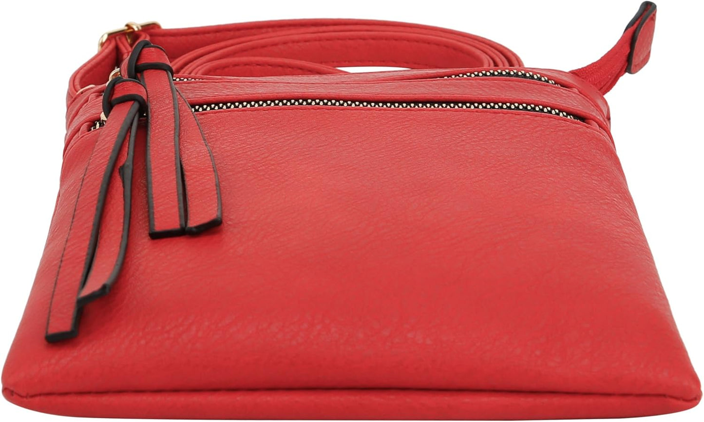 DELUXITY | Red Crossbody Bag | Women's Fashion Multi-Pocket Double Zipper Purse | Adjustable Strap | Medium Size | Perfect for Christmas