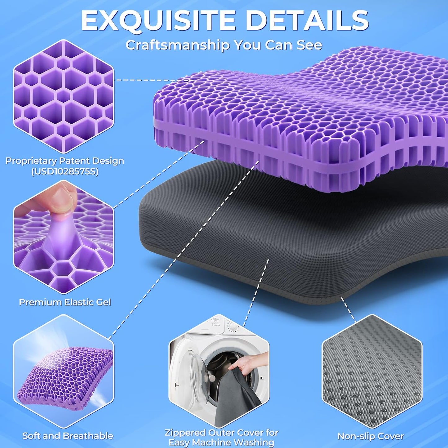 TushGuard Gel Seat Cushion for Long Sitting, Enlarged & Thickened Patent Design Office Chair Seat Cushion, Breathable Cooling Pads for Chairs, Soft Car Cushions for Wheelchair(X-Large, Grey)