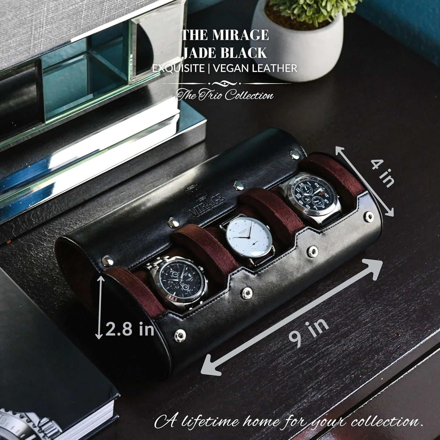 Watch Roll Case Organizer - Watch Travel Case for Men and Women - 3 Watch Carrying Case and Display - Jade Black with Mahogany Brown Interior Vegan Leather