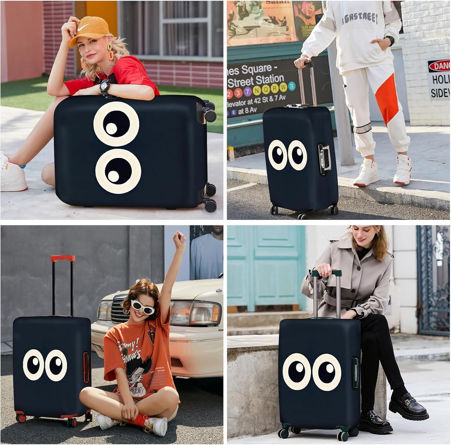 ANNA QUEEN Navy Blue Cartoon Eyes Luggage Cover, Funny Suitcase Protector for 28-30 Inch Luggage, Stretchable & Washable Travel Cover, Cute, Durable & Easy to Spot