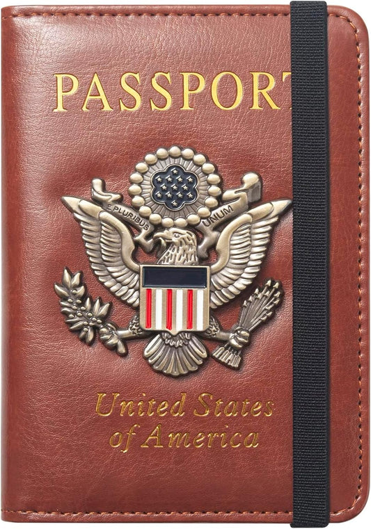 Passport Holder for Travel Passport Cover for Men Passport Wallet Case With 3D Metal Badge Protector Leather Card Case RFID Blocking Women Travel Accessories Document Organizer (Brown)