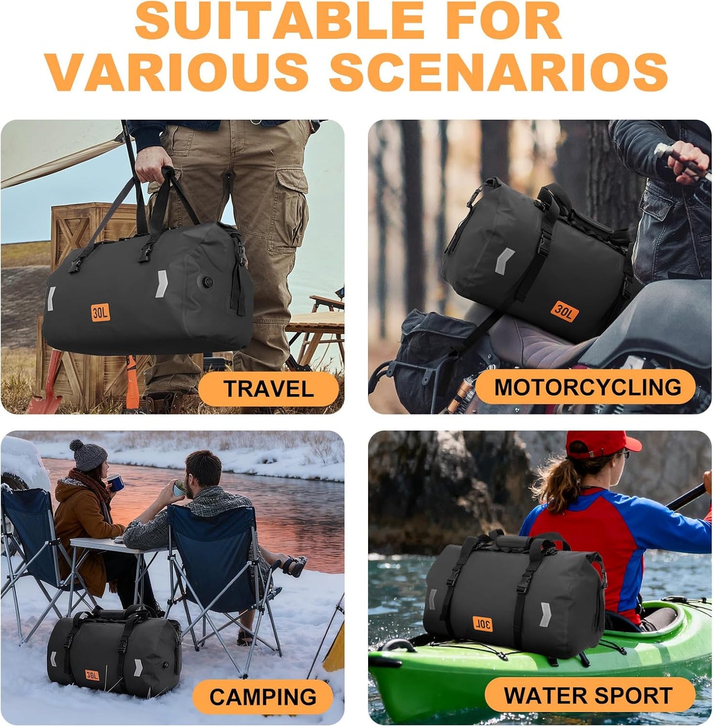 Waterproof Duffel Bag, 30L Roll-top Motorcycle Dry Bag with Air Valve & Quick-fixed Straps, Travel Duffle Bags for Kayaking Paddle Boarding Rafting Boating Camping Riding Fishing - Black