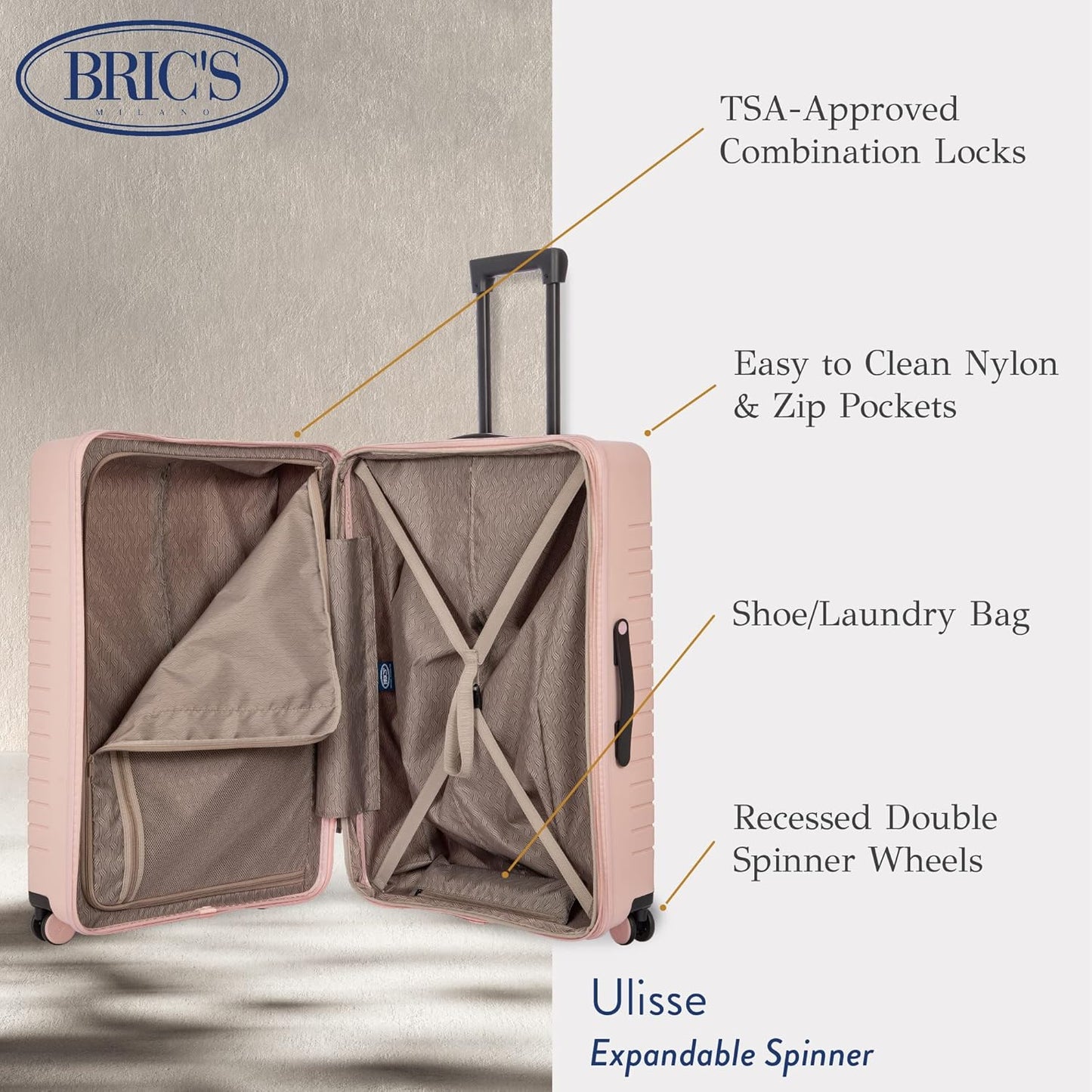 Bric's B|Y Ulisse Spinner Suitcase, Expandable Hard Shell Luggage with TSA Lock and Smooth 360° Wheels 28" – Pearl Pink