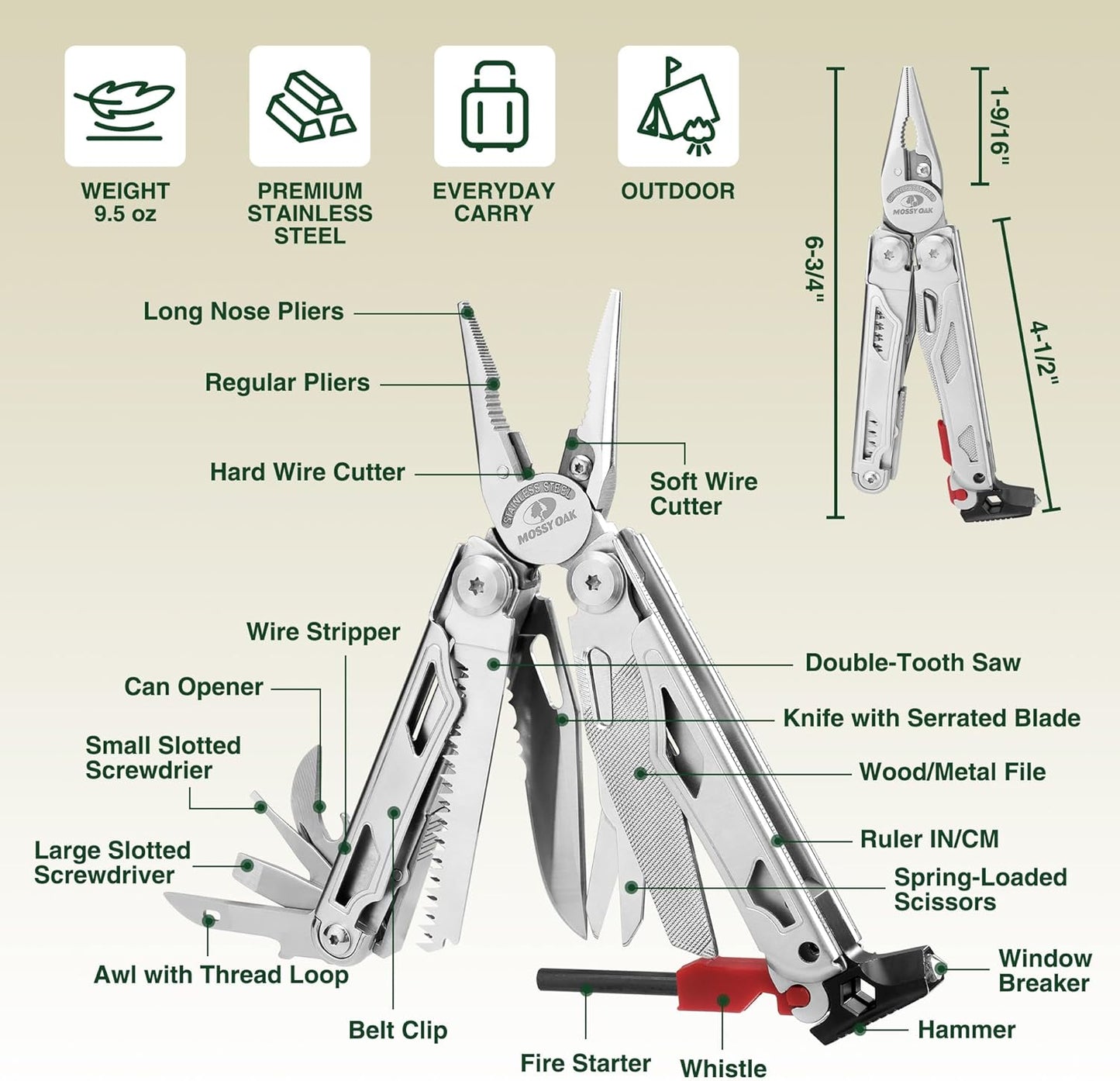 MOSSY OAK Multitool, 19-in-1 Stainless Steel Multi Tool Pliers, Self-locking EDC Gear with Sheath for Outdoor, Survival, Camping, Hiking, Father Day Gifts