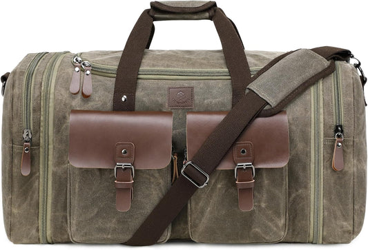 Waxed Canvas Duffle Bag for Men 60L Travel Duffel Bags Expandable Genuine Leather Duffel Overnight Weekender Carry On Bag Two Zipper Pockets Travel Bag (Vintage Grey, X Large-60L)