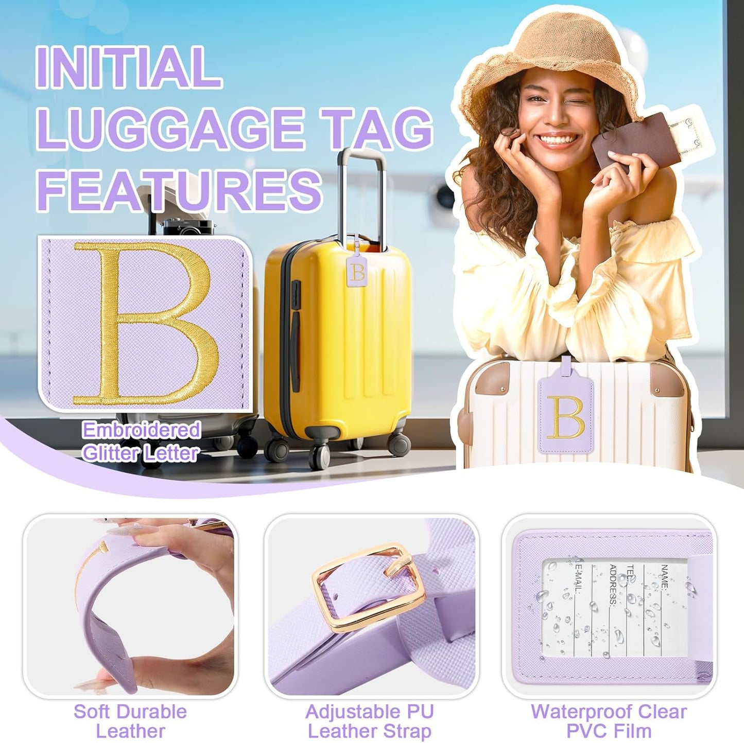 Personalized Initial Luggage Tags for Suitcase, Purple Leather Cute Luggage Tags with Privacy Cover Name Card, Embroidered Custom Monogrammed Luggage Tag Travel Backpack Tags Gifts for Women Kids(B)