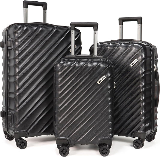 Hardshell Luggage Sets 3 Piece ABS+PC Travel Suitcase Hard Sided Luggage with Spinner Wheels Checked Luggage Durable Lightweight Hard Case Luggage (Black)