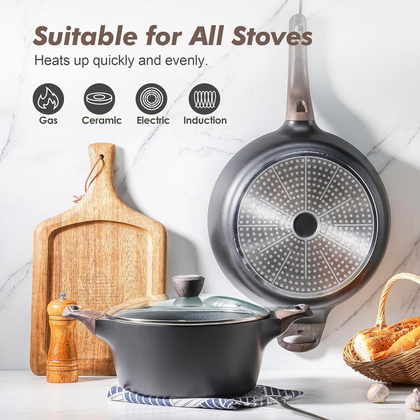 SENSARTE Pots and Pans Set Non stick, Non toxic Healthy Induction Cookware Set, 14 Pcs Non Stick Kitchen Cooking Set with Frying Pans Set & Saucepan, PFOA PFOS APEO Free, Black