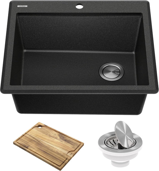KRAUS Bellucci 25-inch Granite Workstation Drop In Top Mount Single Bowl Kitchen Sink in Metallic Black with Accessories, KGTW12-25MBL