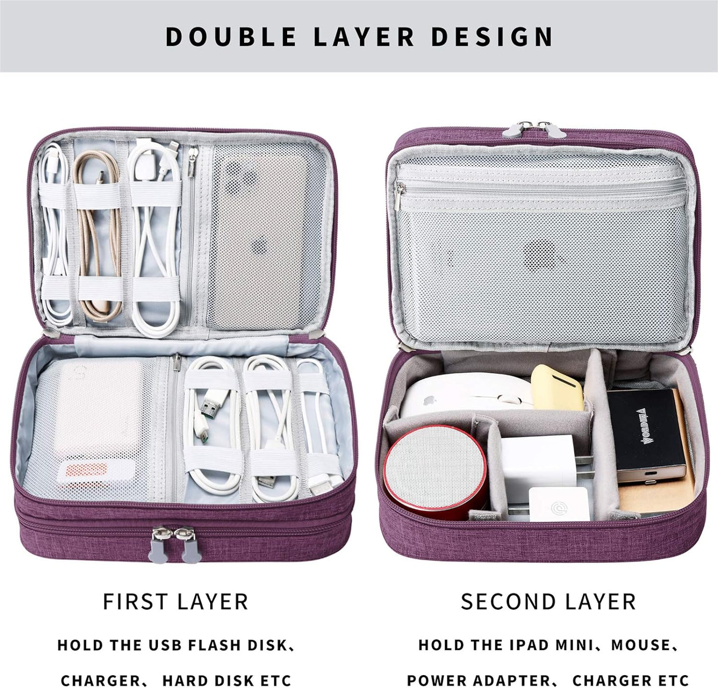 mygreen Electronics Travel Organizer Storage Bag, Double Layer Universal Traveling Gear Accessories Carrying Cover Pouch for iPad Mini Cables Phone Chargers Adapter Flash Hard Drive and More Purple