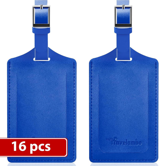 Travelambo Luggage Tags for Suitcases Faux Leather Privacy Protection 16 Pack Bag Tags Travel Accessories Essential, Fresh Blue