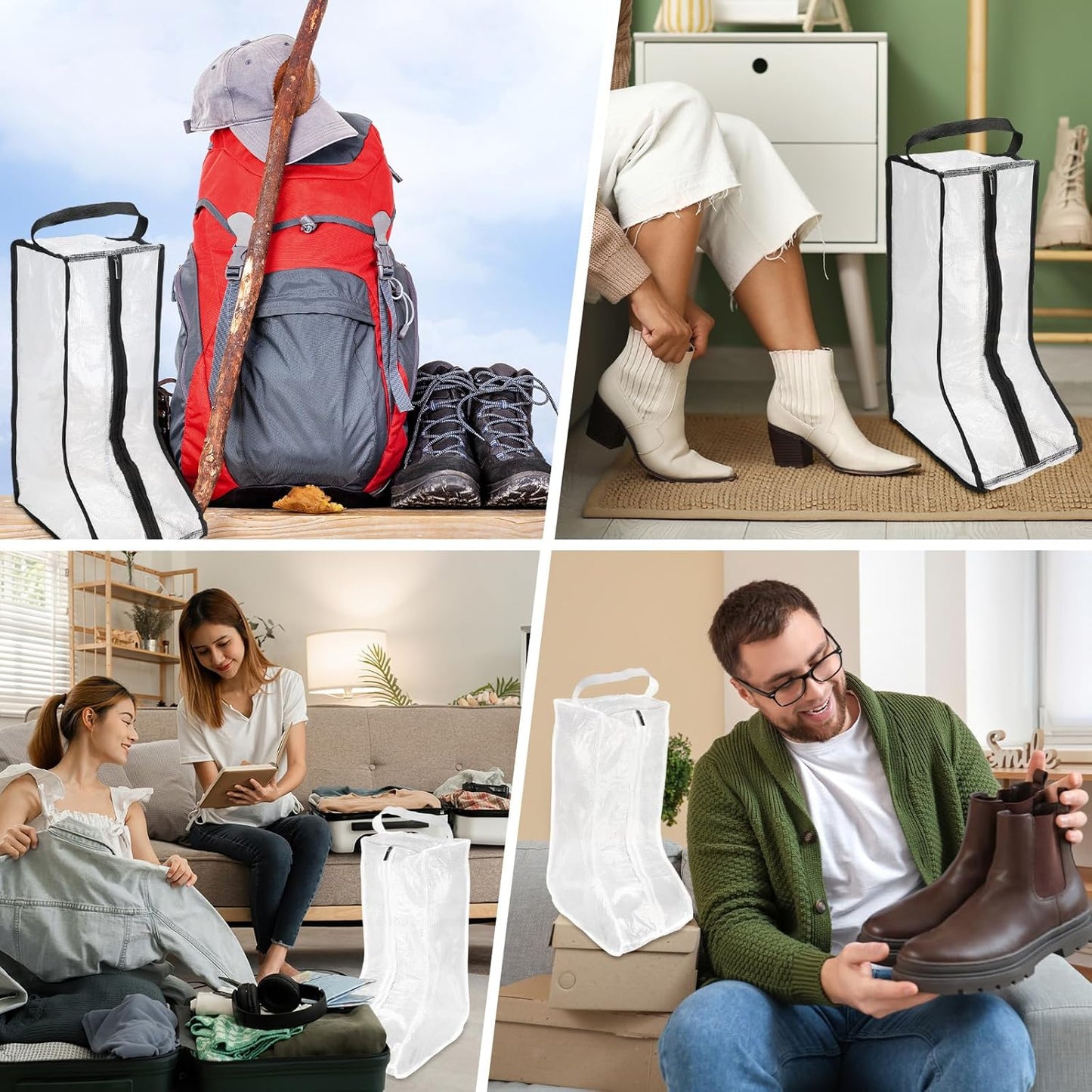 Boot Storage Bags [2PCS] - Plastic Tall Boot Carry Bags Clear Shoe Bags with Handle for Travel & Daily Use - [White, Black] Waterproof & DustProof Boot Bags for Cowboy Boots
