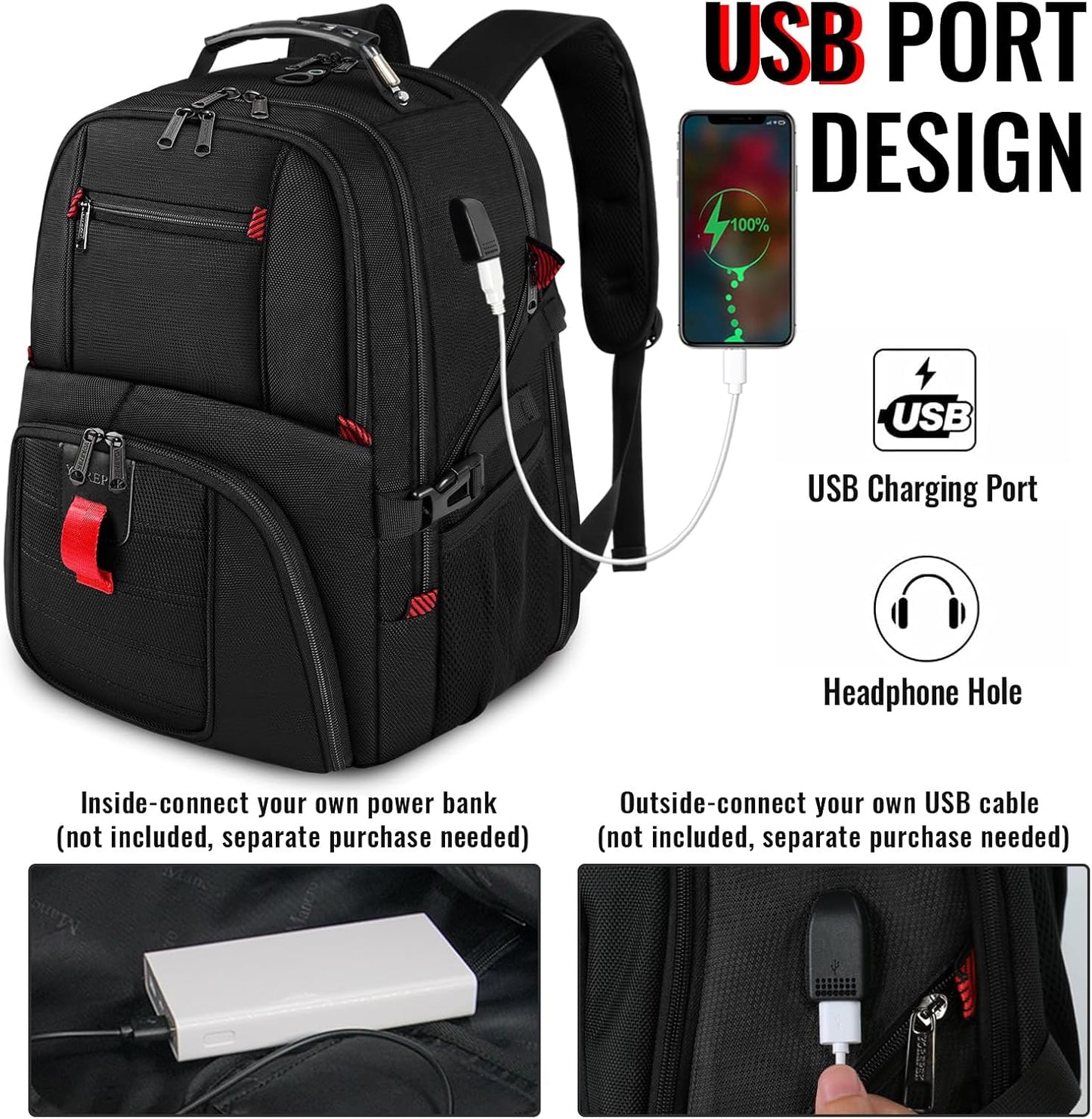 YOREPEK Large Backpack for Men, Extra Large Laptop Backpacks for Men Women, Water Resistant Travel Backpack Airline Approved Business Work Bag with USB Charging Port Fits 17 Inch Computer, Black