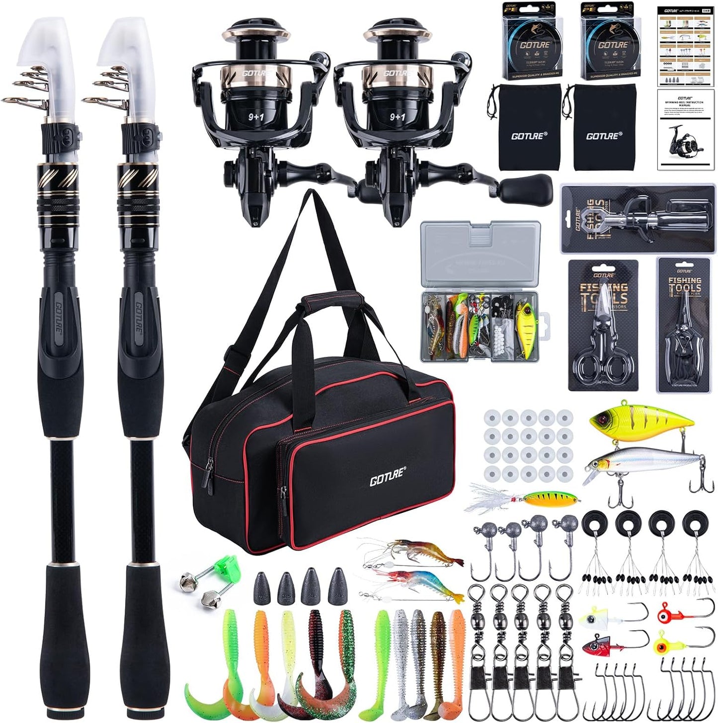 Goture Fishing Rod and Reel Combo - Carbon Fiber Telescopic Fishing Pole - Spinning Reel 9+1 Shielded Bearings Stainless Steel BB - A