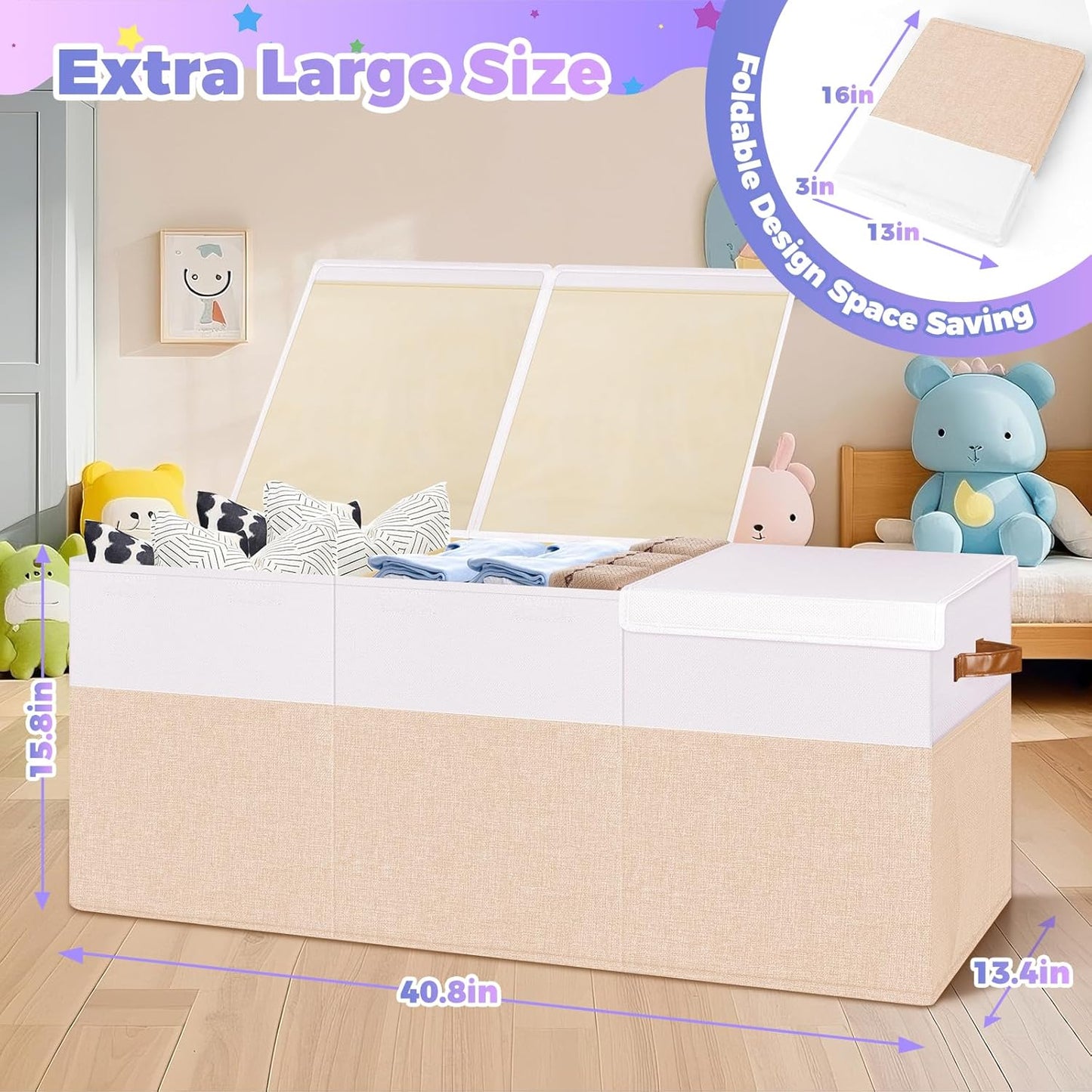 Extra Large Toy Storage Box with Lid, Collapsible Sturdy Toys Chest Storage Organizer Bin Basket with Divider for Kids, Boys, Girls, Closet, Playroom, Bedroom, Nursery, 40"X14"X16", Beige & White