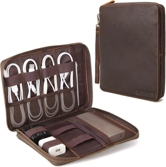 Polare Full Grain Leather Travel Cable Organizer Case Electronics Accessories Carry Bag with YKK Zippers Tech Storage Bag for Cables, Power Bank, USB, SD Card, Travel Essentials